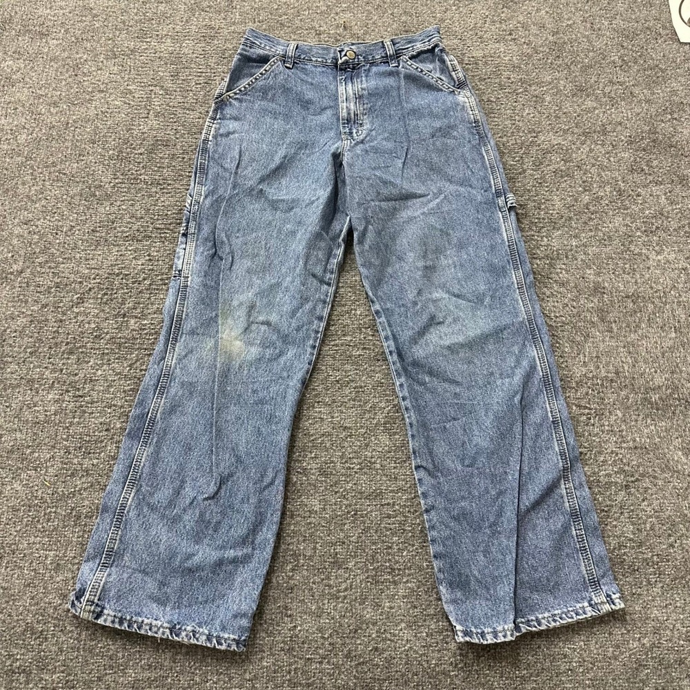 Wrangler Carpenter Jeans Womens Size 16 Blue Relaxed Fit Utility Denim Stain